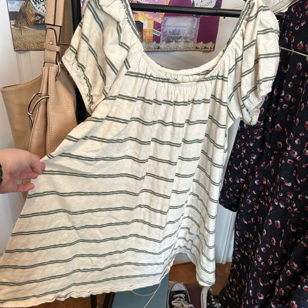 American Eagle Outfitters Cream Midi Dress with Green Stripes